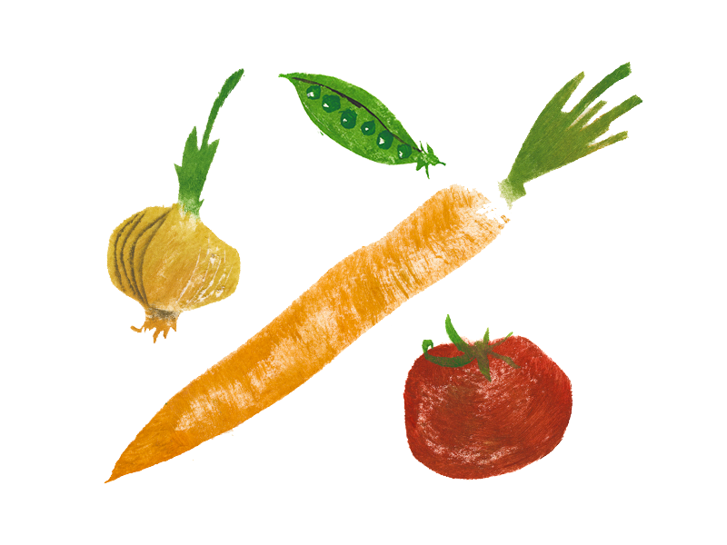 Let's make a soup! acrylic gouache illustration stencil tomato carrot peas onion