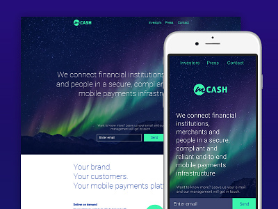 Landingpage design interactive mobile payment northern lights purple web