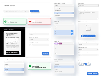 Design System Elements blur design design system dropdown elements flow form form design neomorphism onboarding screens popup shadow toasts toggle toggle switch ui ux