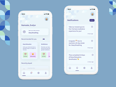 Meditation App - Home Screen & Notifications app bauhaus blues calm clean ui concept design figma fresh meditate meditation meditation app minimal mobile notifications relax simple ui user interface ux