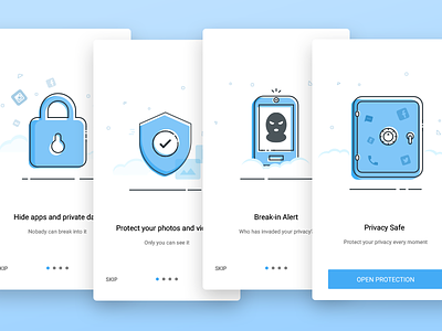 Welcome page of a mobile security APP animation gif illustration lock mobile notifications ux ui registration onboarding safe