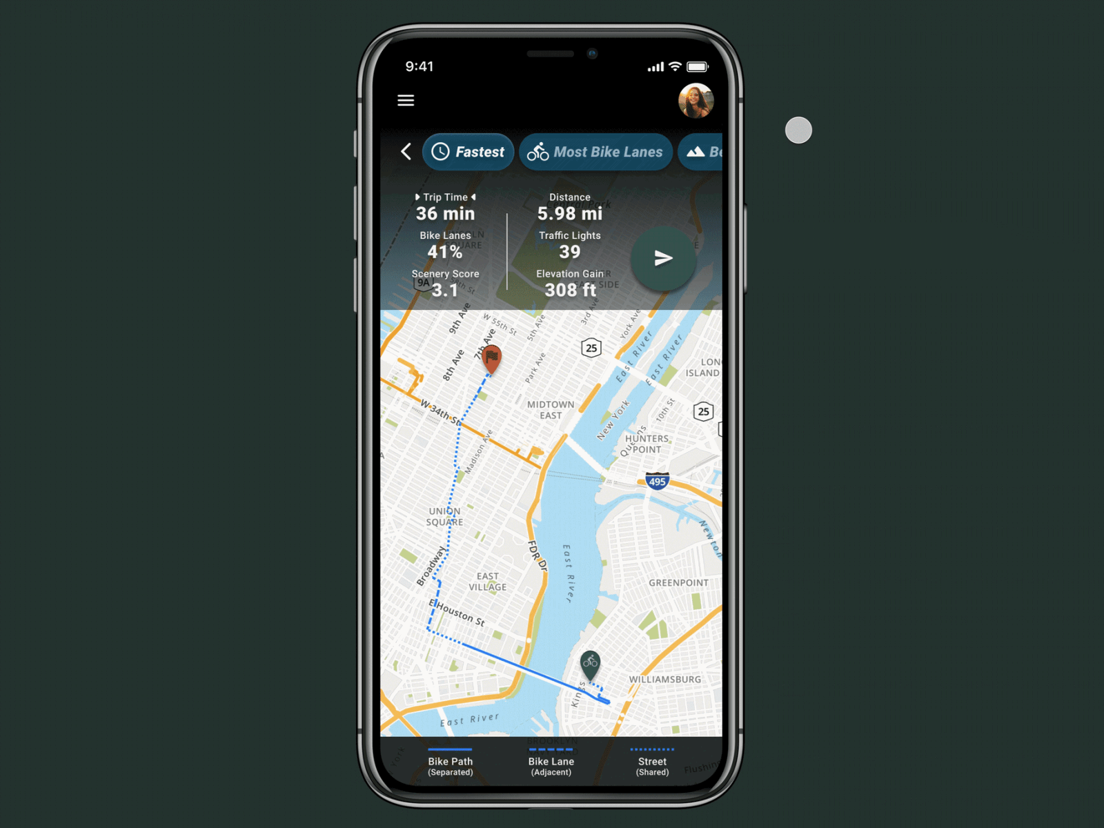 Bike Route Preferences app bike cycling design fitness google maps navigation nyc strava tracking ui ux