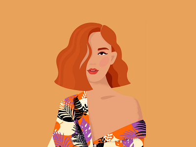 The red-haired girl in a kimono cartoon character cosmetics face fashion female glamour illustration makeup typography vector