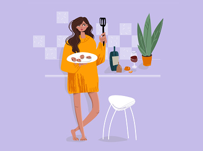 A young beautiful girl in the kitchen prepares cookies cartoon character chef cooking cuisine delicious dinner female happy illustration interior person vector wine