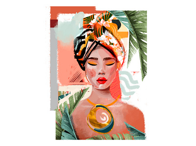 mulatto girl african woman character collage fashion female palm portrait poster scarf tropical