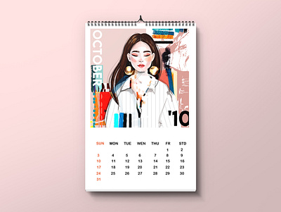 calendar template calendar character fashion female girl illustration october template typography woman