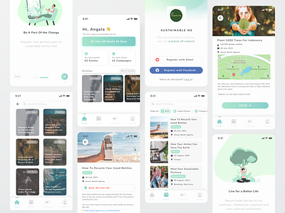 Sustainable Me 💚 - Green Lifestyle Mobile App Design android app app design brand identity branding clean design figma green interface ios iphone minimal mobile mobile app mobile ui mockup modern ui user interface