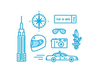 NYC travel icons airline ticket camera compass empire state building helmet icons idf line art nyc sunglasses taxi travel