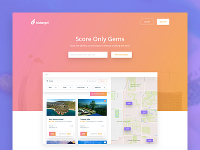 BidAngel Homepage app gradient hero homepage hotel interface landing page map product web design