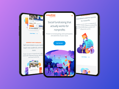 Mobile Homepage for CrowdRise By GoFundMe app branding clean gofundme gradient hero homepage illustration iphone landing mobile product responsive typography ui user interface ux web web design website