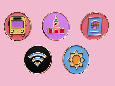 Badges 3d book bus gold icon render sun wi fi