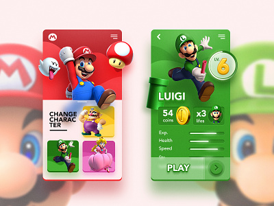 Mario Game UI 3d app cartoon coin design game lugi mario ui