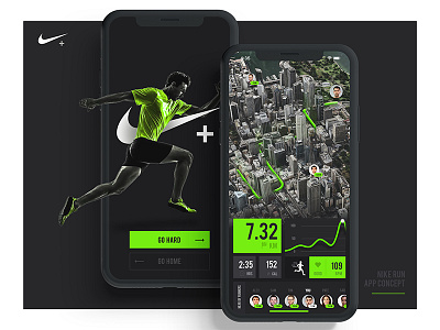 Nike Run App 3d app black design graphic green map nike run ui