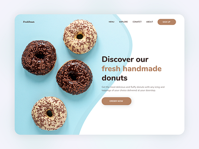 Fresh Donuts Landing Page bakery beautiful bootstrap breakfast clean color concept creative design donuts food landingpage minimal sweets ui uiux web website website design website designing