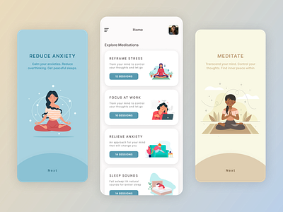 Meditation App app beautiful clean clean ui design flat illustration iphone meditation meditation app minimal mobile ui uidesign uiux ux uxdesign