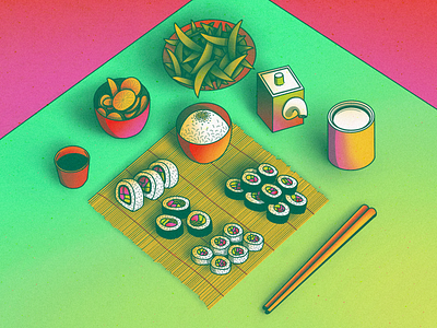 StillHereStillLife Week 13 beans bowl can chopsticks citrus drawing edamame fruit illustration mat neon plate procreate rice soy sauce still life sushi sushi roll table vibrant