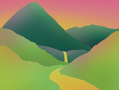 I wish I could live here pt. 1 abstract gradient hills illustration landscape minimal mountain mountains nature procreate river sunrise sunset travel vista waterfall woods