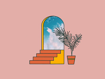 Portal clouds digital doorway drawing illusion illustration mixed media mixmedia palm plant planter portal procreate staircase stairs window