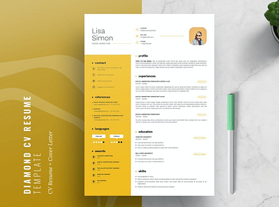 Diamond Resume/CV branding clean cover letter cv cv design cv template elegant resume gradient gradient resume job resume minimal minimal resume modern resume popular professional resume resume design resume template simple resume