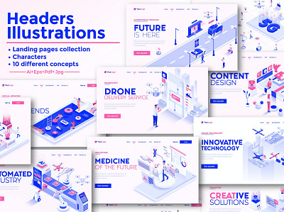 Landing page template on various topics 3d bar business collection data design development document element icon infographic internet isometric layout mobile modern tools ui vector visualization