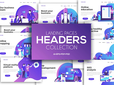 Landing page template on various topics 3d business clean collection data design document element icon infographic internet isometric kit landing layout mobile modern tools vector visualization