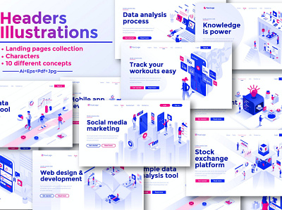 Landing page template on various topics business clean collection data design document element icon infographic internet isometric kit landing layout mobile modern tools ui vector visualization