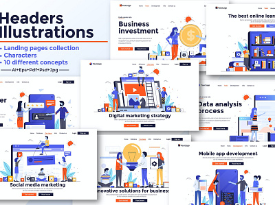 Landing page template on various topics business clean collection cv template data design development element icon infographic internet isometric kit landing layout mobile modern tools vector visualization