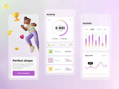 Fitness Mobile App 3d activities app app design application concept design exercises fitness health healthcare lifestyle mobile app mobile design monitoring statistics tracking ui ux workout