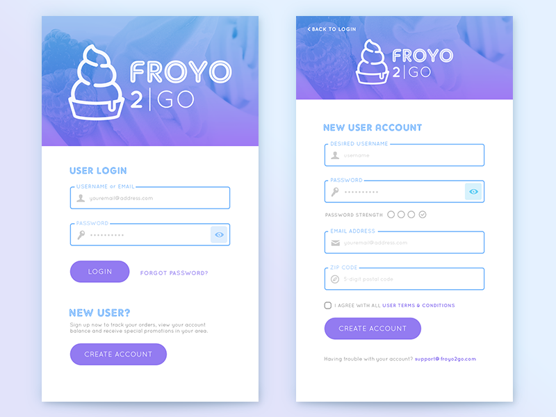 FroYo 2Go App Login/Signup (updated) dailyui001 form signup mobile ui app