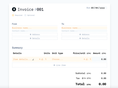 Invoice build form crypto form monospace ui