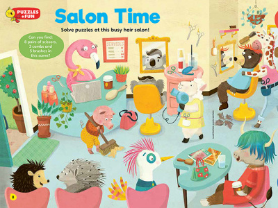 Salon Time - puzzle page in Chirp magazine childrens book illustration childrens books childrens illustration educational publishing illustration kidlitart kids books kids puzzles magazine illustration whimsical