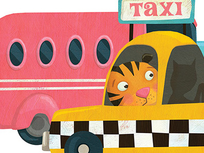 Tiger in taxi childrens book childrenspublishing friends goofy animals kids illustration race rollerskating taxi tiger tortoise turtle