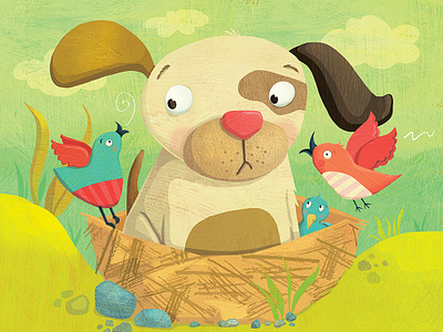 Puppy problems birds birdsnest childrens book childrens illustration confusion cute animals dog early learning early readers educational publishing home housing kidlitart nature nest out of place puppy surface design