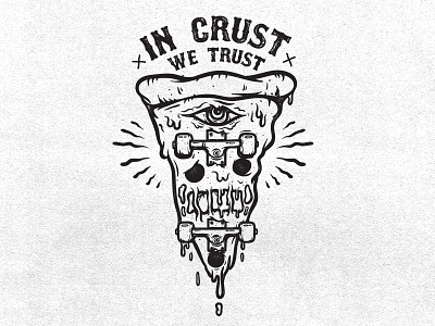 In crust we trust custom illustration illustrator lettering linocut melon melonclothes pizza skateboard skateboarding typography vector