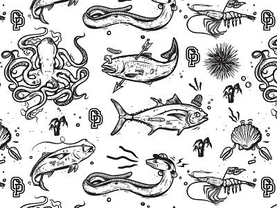 Oakland Poke Co. Pattern fish fishes identity illustration palm pattern poke summer vector