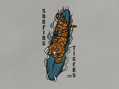 Surfing Tigers illustration smoke surfboard surfing tattoo tiger type typography vector vintage