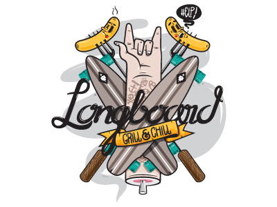 Longboard Grill & Chill bbq illustration longboard sausage skateboard tattoo vector