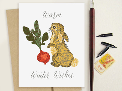 Rabbit & Raddish bunny greeting card hand drawn illustration rabbit radish snow and ivy stationery texture