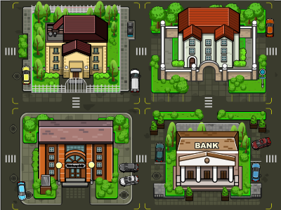 Levels map building car crosswalk game intersection street trees