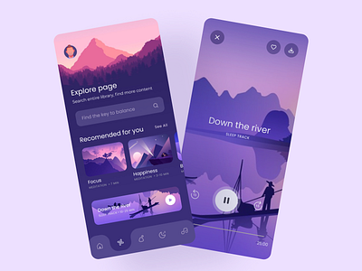 Meditation app app appdesign cards design cards ui dark theme landscape meditation app menu ui mobile ui player ui purple search bar ui ux