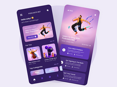 Podcast App app cards design dark mode dark theme dark ui illustration main page music player podcasts purpose sing study ui ux