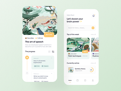 Course learning app ui ux app app design appdesign art cards design course design education green illustration learning menu mobile ui nature search bar ui ux yellow