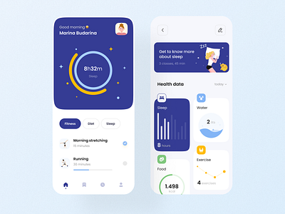 Health tracking app app app design appdesign blue cards design diet health health tracking mobile ui sleep sleep tracking sport tracking app ui ux yellow