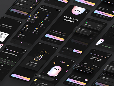 Learn language app design 3d character app app design appdesign cards design case study dark theme dark ui design english gradient learn language mobile ui notifications real real project robot ui ux