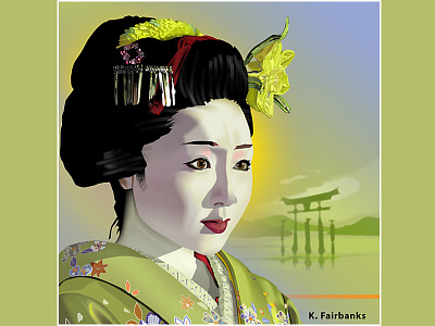 Geisha in Green By K. Fairbanks digital art digital drawing geisha illustrator japan portrait vector woman