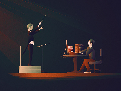 Editorial Illustration conductor dark lighting orchestra sound vector video