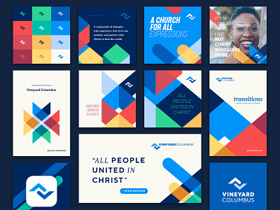 Vineyard Columbus Brand Samples brand branding church colorful covers design geometric identity layouts social media vector