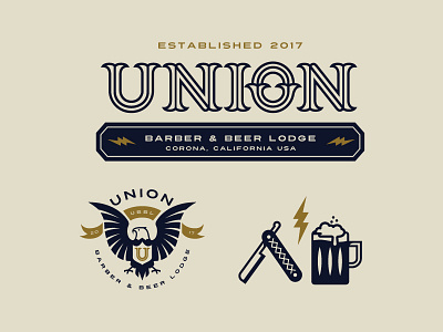 UBBL Union Barber & Beer Lodge 2 badge barber beer branding eaglelogo established idenity lightingbolt logo logotype monoline plainjoe