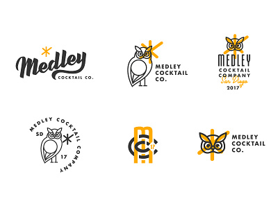 Medley Cocktail Co. Logo Itterations branding brushscript cocktail logo logodesign orange overlay owl retro