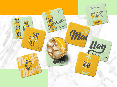 Medley Cocktail Co. Logo Application branding brushscript coaster cocktail logo logodesign mint orange owl retro